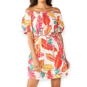 Nine West Colorful Pink/CreamOff-Shoulder Dress with Leaf PrintSz.XXL EUC